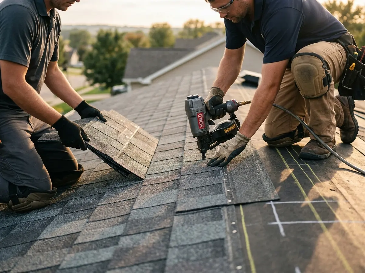 Professional roofer working on a residential roof in Laredo